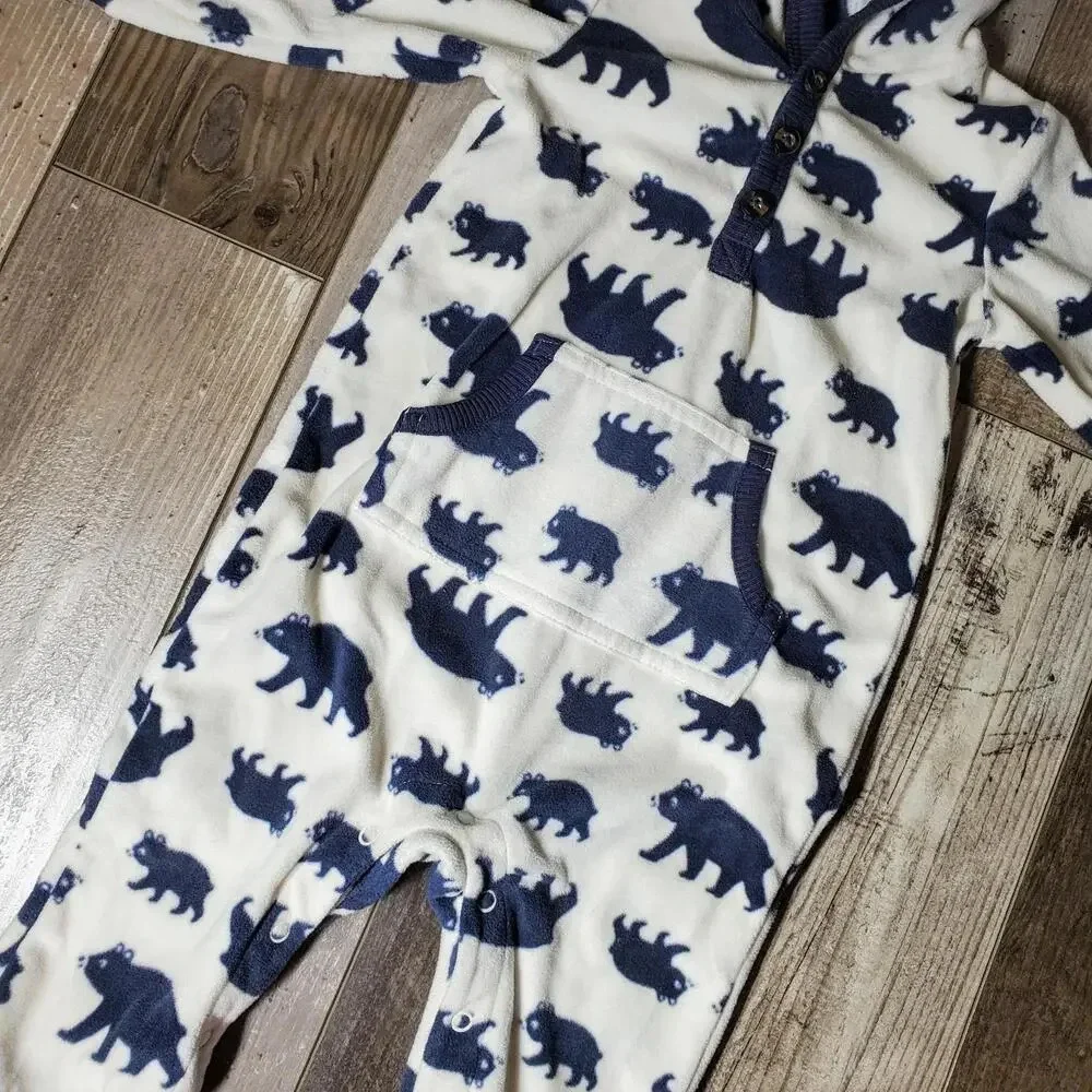 Carter's One Piece Fleece Hooded Jumper Jumpsuit White Blue Bears Size 12m EUC